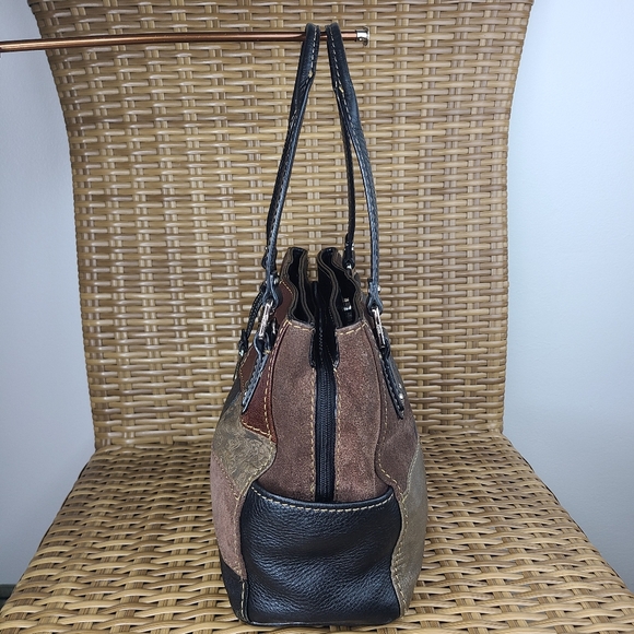 Fossil Shoulder Bag Handbag Purse Patchwork Leather Suede Black Brown Burgundy - Picture 6 of 16